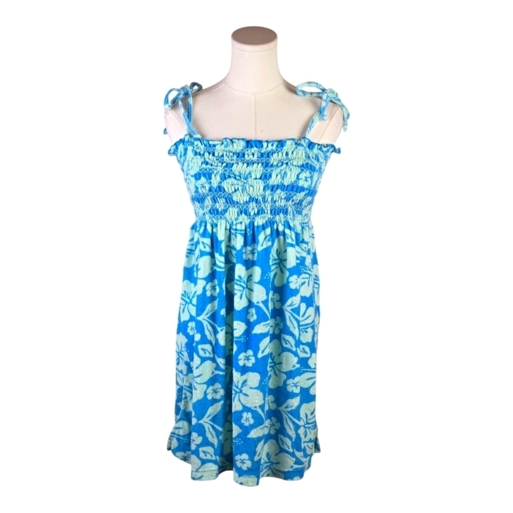Delicates Blue Terry Floral Smocked Dress M Hawaiian Summer Y2K